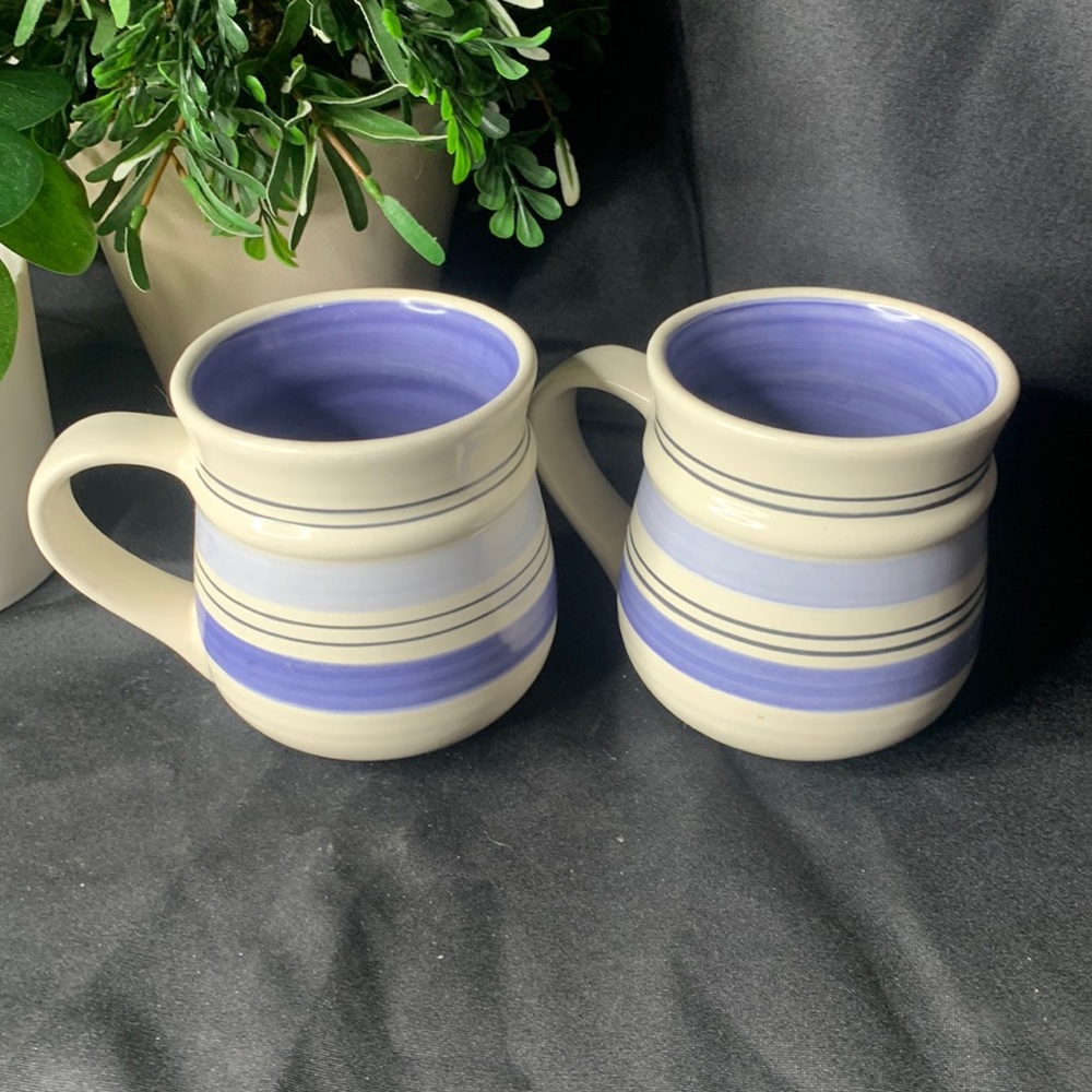 Set of 2 Pfaltzgraff Rio 14oz Stoneware Blue & White Stripe  bands Coffee Mugs